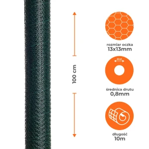 Siatka heksagonalna metalowa powlekana PVC 13x0.8/100/ 10 mb