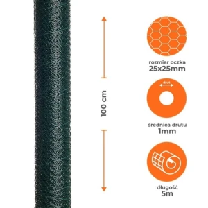 Siatka heksagonalna ocynkowana powlekana PVC zielona 1x5m oczko 25x25mm