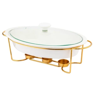 Naczynie ze złotym podgrzewaczem porcelanowe owalne 1,4 l kremowy Altom