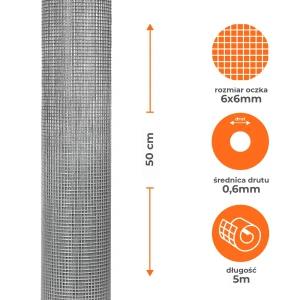 Siatka zgrzewana ocynkowana 0,5x5m oczko 6x6mm drut 0,6mm